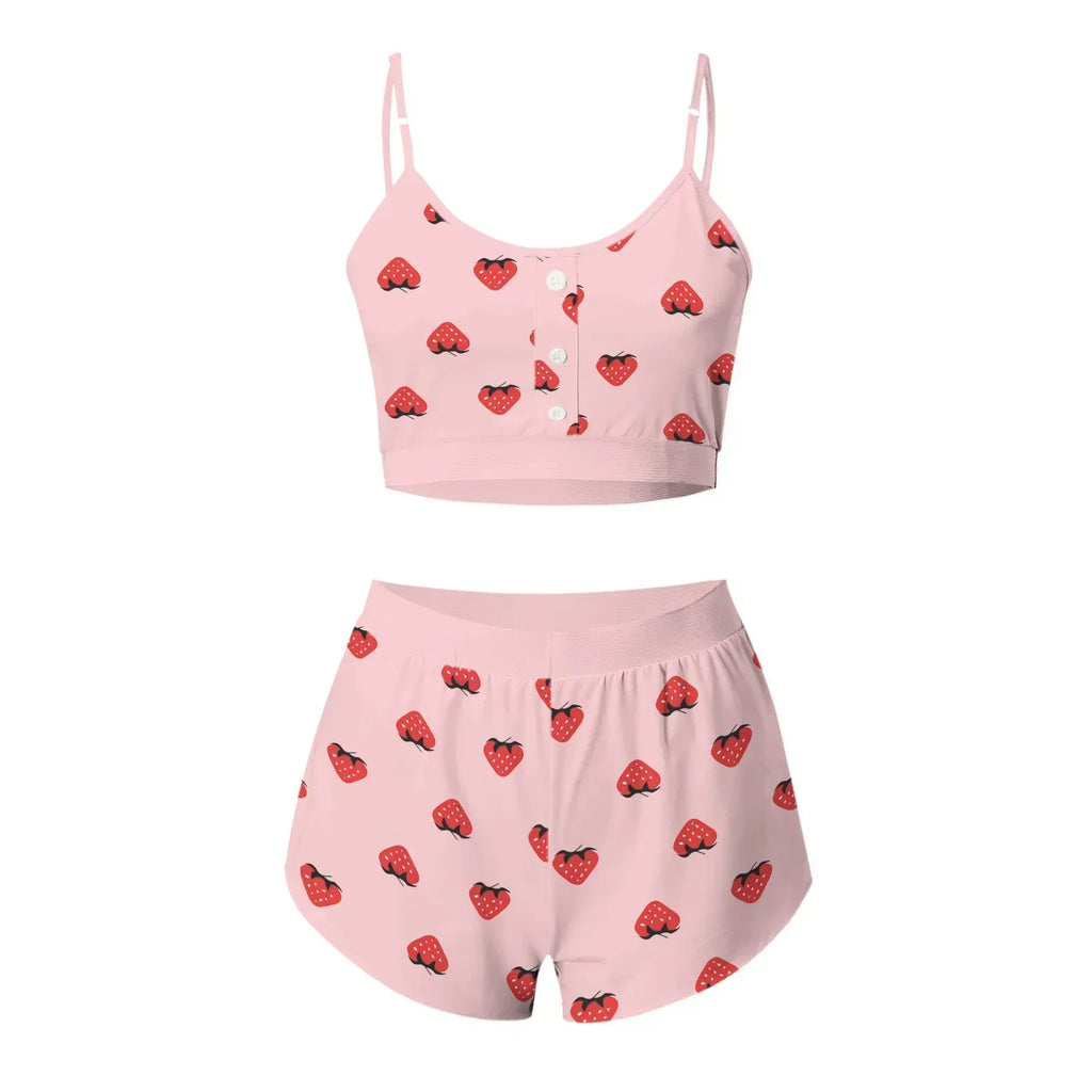Summer 2-Piece Pajama Set Women Sleepwear Sexy Lingerie Love Printed Lace Sling Crop Tops and Shorts Loungewear Pijamas