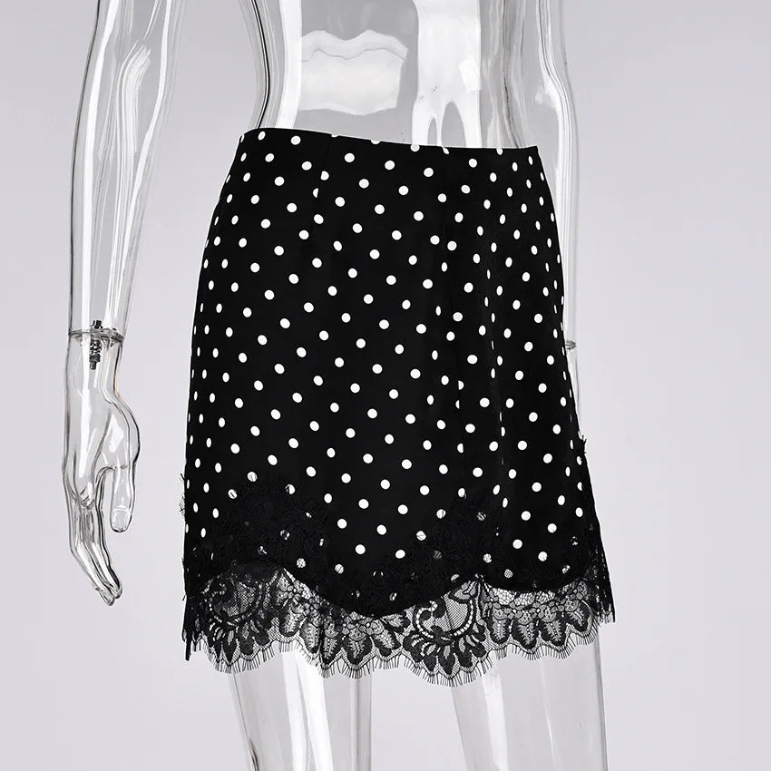 FDYOUI 2026 Woman Clothes Lace Patchwork Polka Dot Skirts Female Sexy Tight Short Skirt Black Party Night Club Dress Streetwear