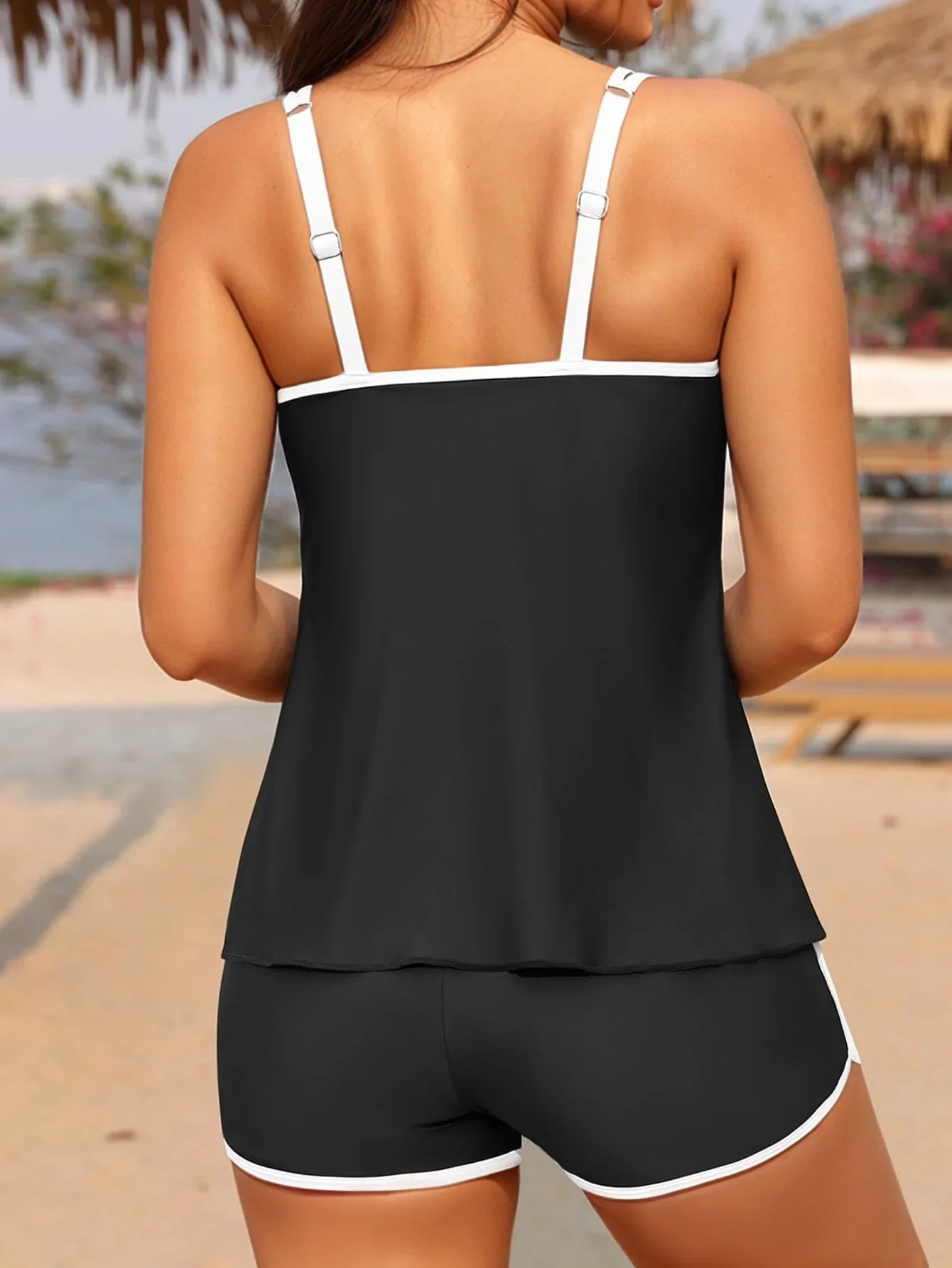 Black White Patchwork Tankini Set Swimwear Women 2026 Double Strap Push Up Tank Top High Waist Pocket Short Two Piece Swimsuit