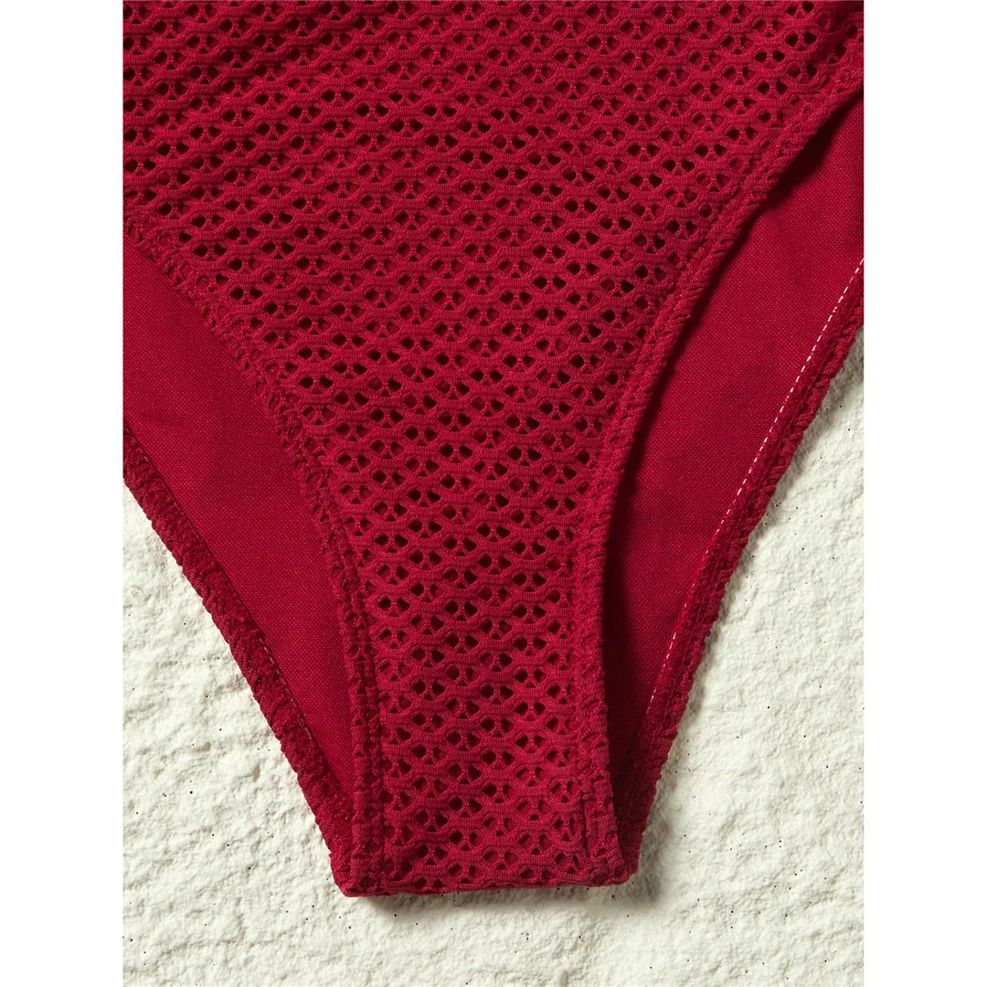 S - XL Deep V Neck Knit Fish Net Mesh Women Swimwear One Piece Swimsuit Female Monokini Backless Bather Bathing Suit Swim V7832