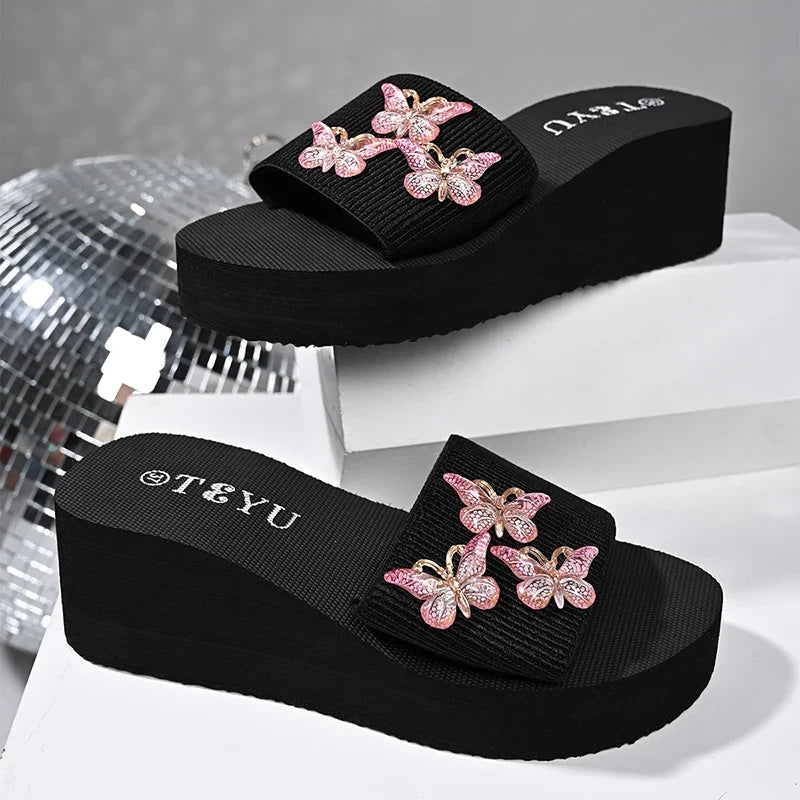 Pink Crystal Butterfly Platform Slippers Women 2026 Summer Slip On Wedge Sandals Woman Lightweight Thick Sole Casual Slides 42