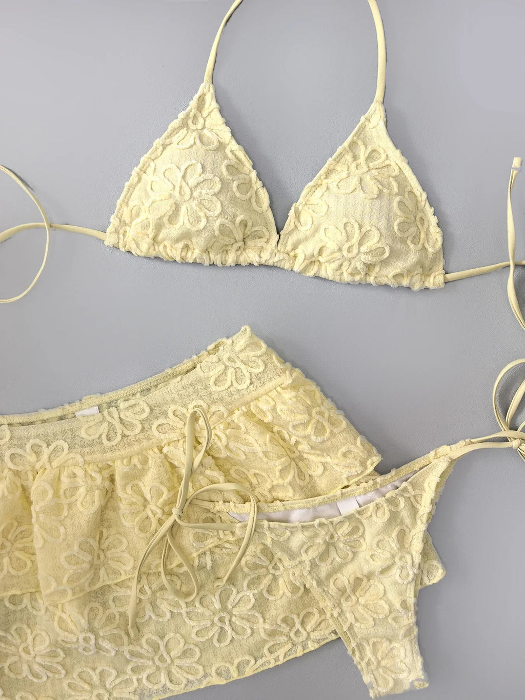 Women Yellow Flower Bikini Sets Three Pieces with Ruffles Mini Skirt Halter String Swimsuit Bathing Suit Beach Outfits Biquini