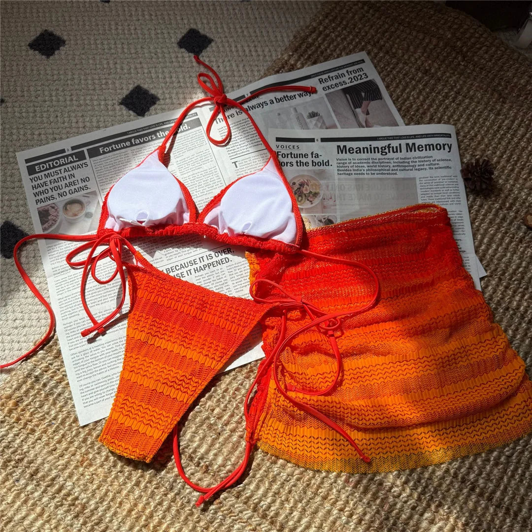 Pink 3PC With Skirt Gradient Bikini Women Swimwear Female Swimsuit Three-Pieces Bikini Set Padded Bather Bathing Suit Swim V6696