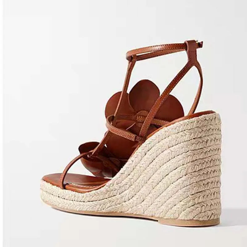 Flower Square Toe High-Heeled Shoes for Women, Slope Heels, Summer Gold One-Piece Sandals High-End Grass Woven Sandals for Women