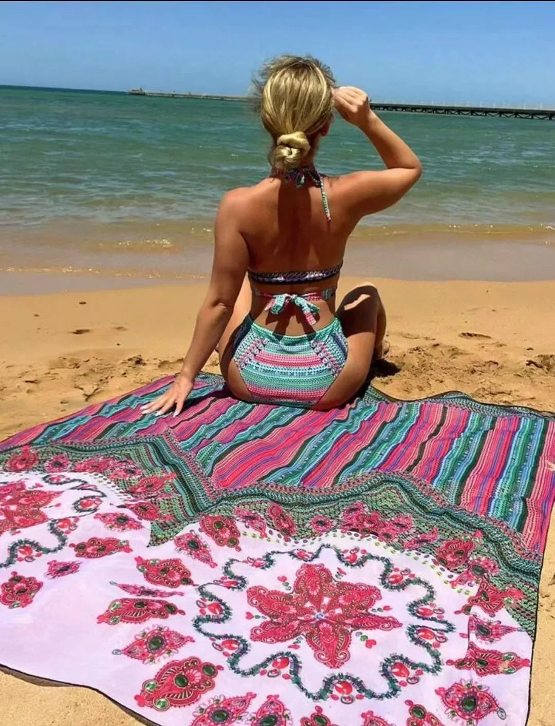 2026 Summer Women's 3 Pieces Swimsuit Crochet Bikini Set+Cover-Up Long Shawl Sun-proof Twist Swimwear Push Up High Waist Bikinis