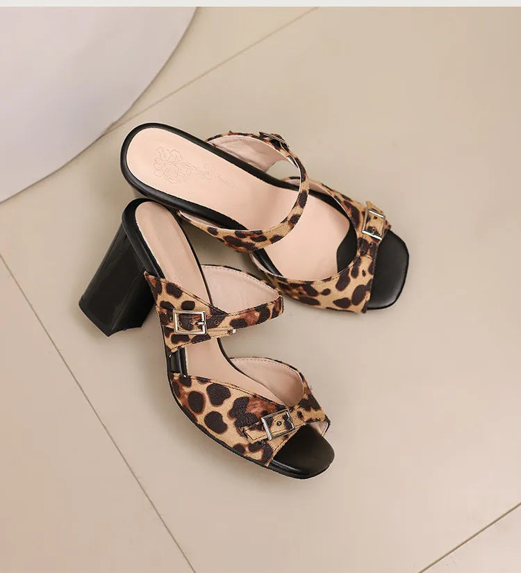 Fashion Leopard Print Square Heel Slippers Summer New Square Toe Metal Buckle Non-slip Wear-resistant Kitten Heel Shoes