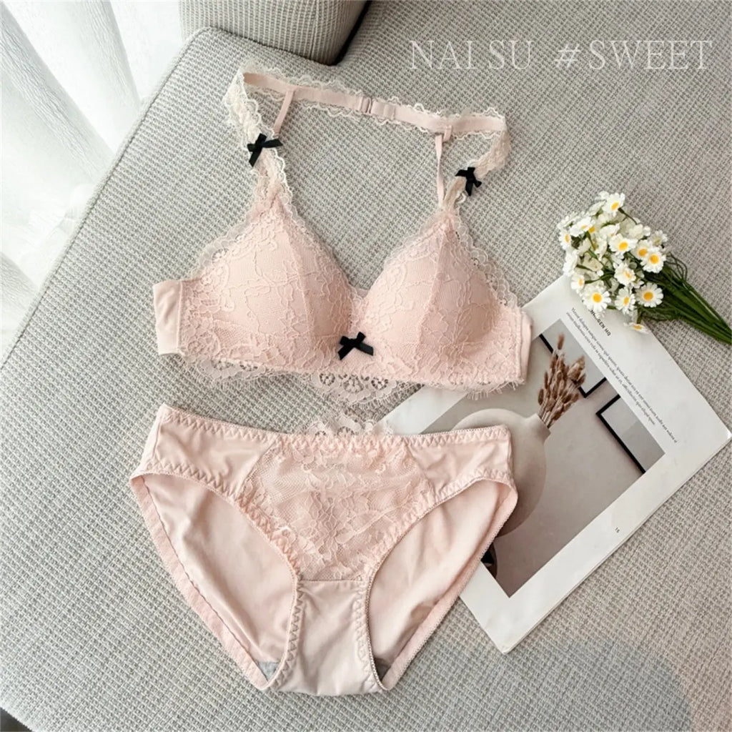 Deep V Halter Neck Bra Set French Style, Lace Push Up Bralette for Small Chest, Sexy Wireless Triangle Bra Set MOYISU Sexy Tushy