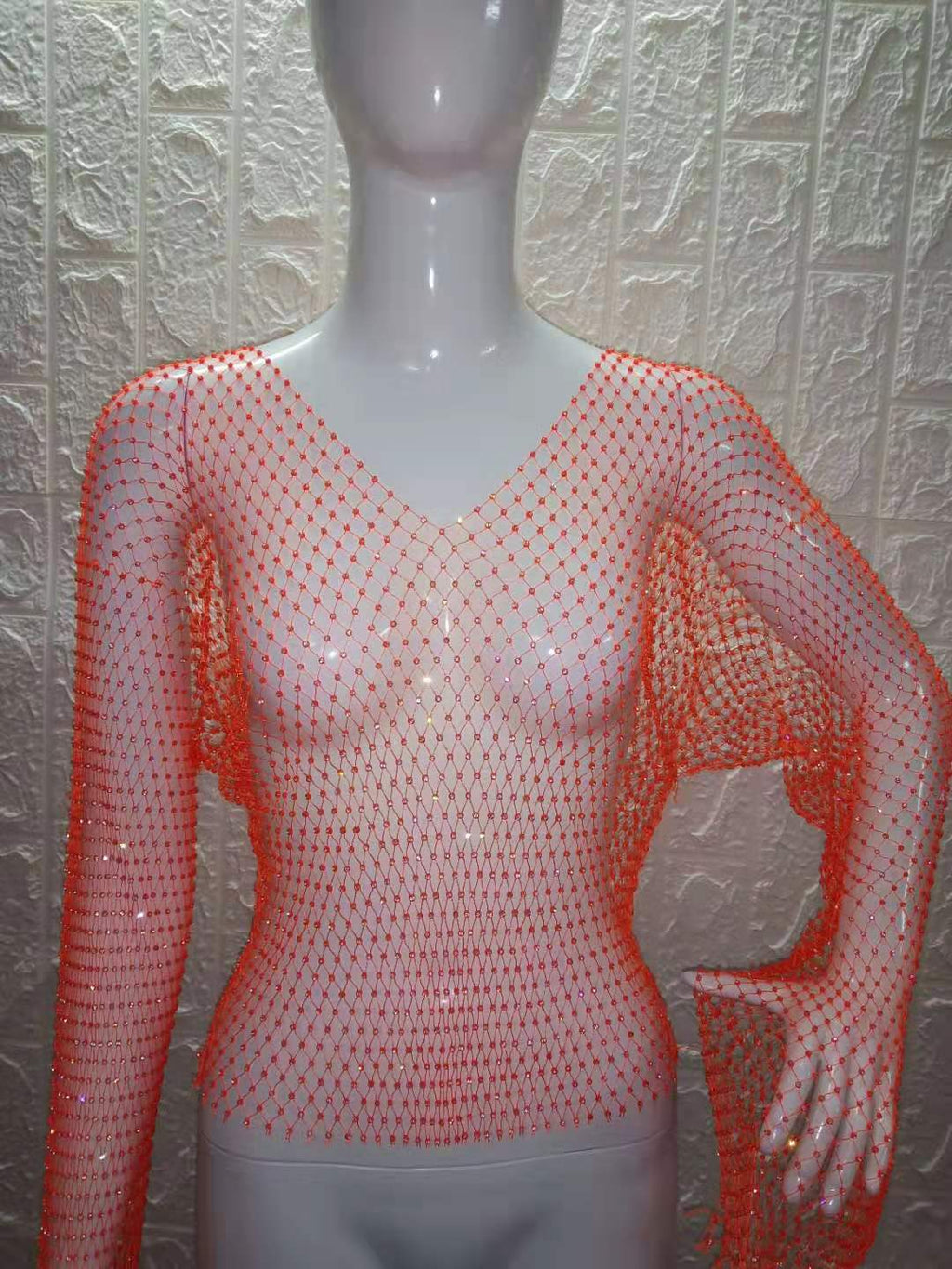 Women Rhinestone Fishnet T-shirt Solid Color Long Sleeve Crop Tops See Through Hollow Out Sexy Shirts Female Smock Tops