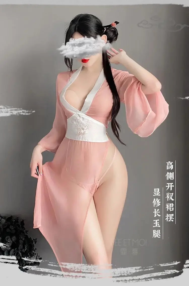 Women Sexy Lingerie Hanfu Dress Cosplay Costume Deep V Erotic See-through Pink Chinese Ancient Style Temptation Dresses