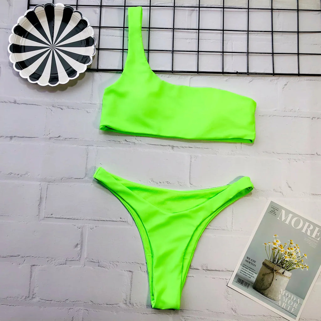 Bikini 2026 Sexy Swimwear Swimsuit Women Single Shoulder Fluorescent Green Bikinis Set Bathing Suit Beach Bikini Female Push Up