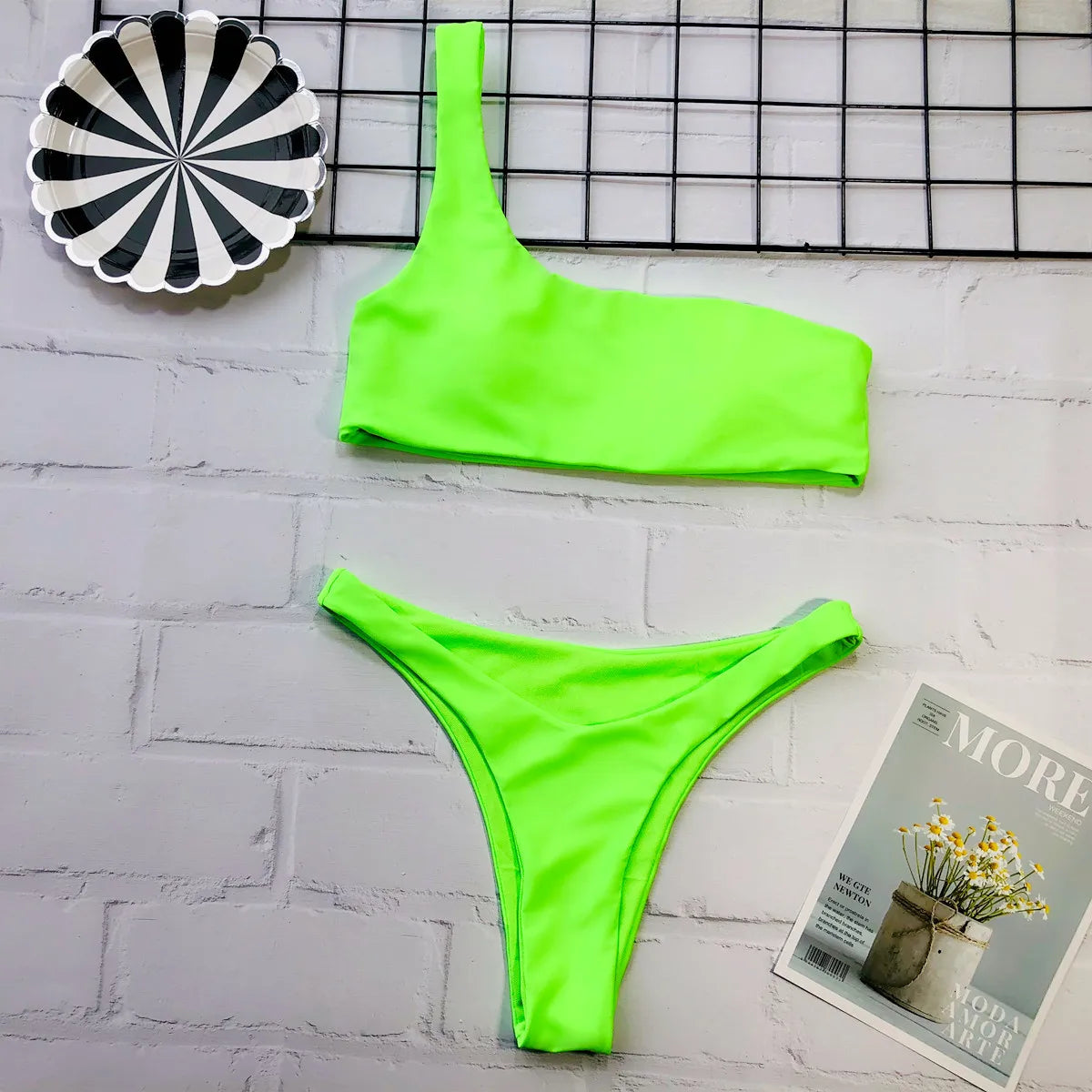 Bikini 2026 Sexy Swimwear Swimsuit Women Single Shoulder Fluorescent Green Bikinis Set Bathing Suit Beach Bikini Female Push Up