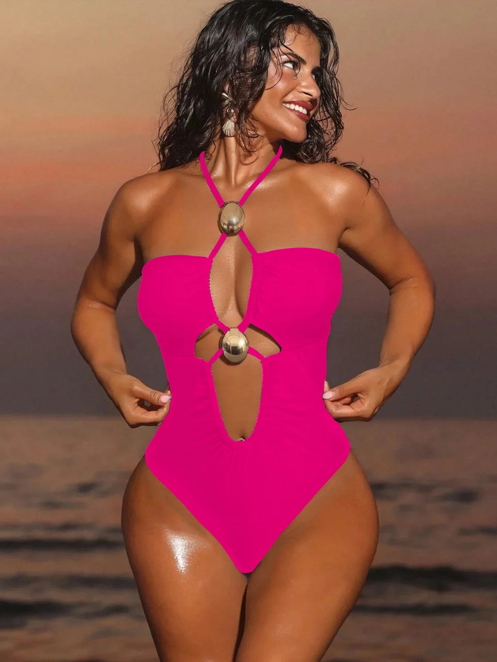 2026 Summer Women's One-piece Suit Swimwear Sexy Hollow Out Neck Lace-up Bodysuit Beachwear High Waist Push Up Bathing Suits