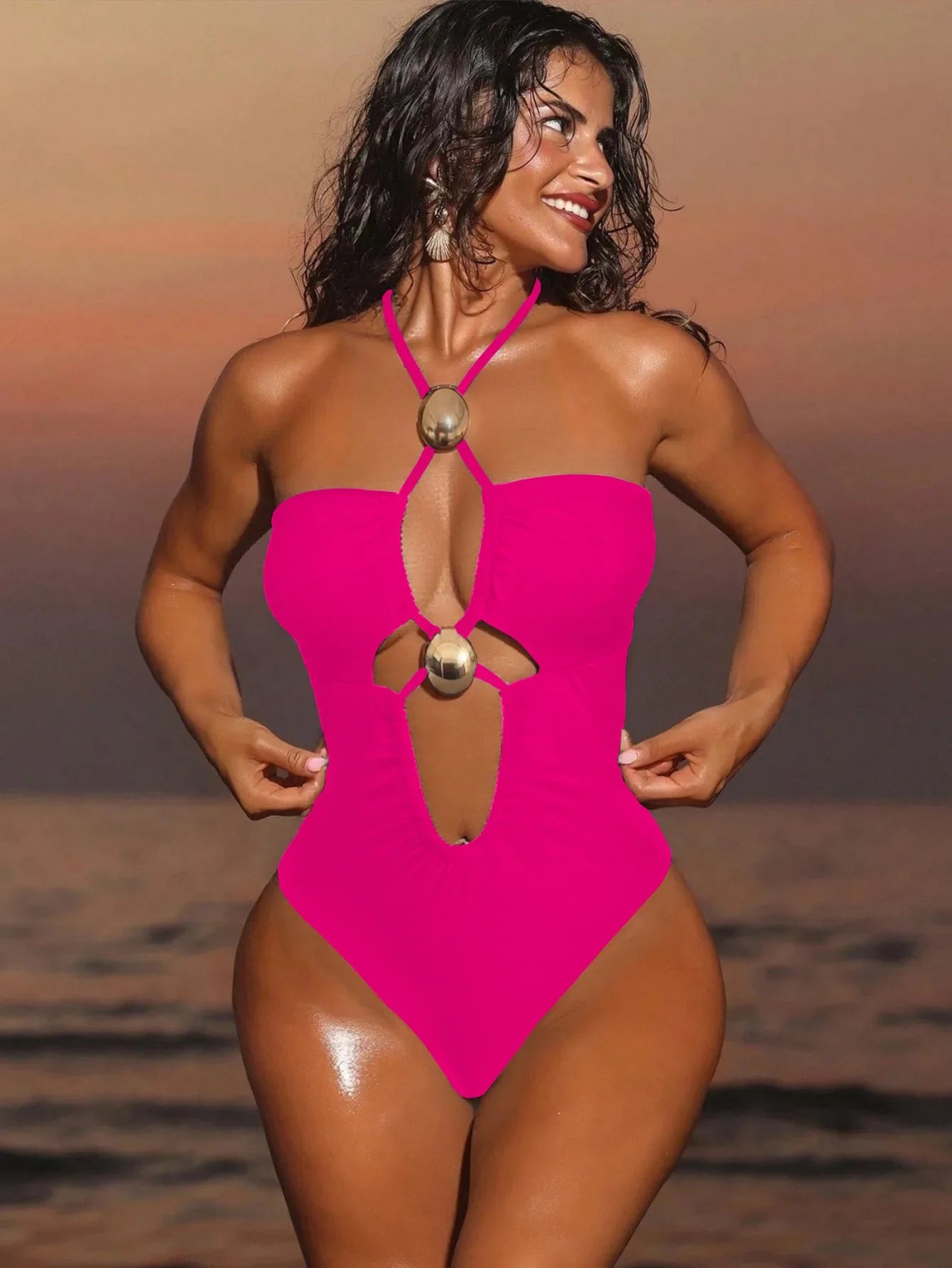 2026 Summer Women's One-piece Suit Swimwear Sexy Hollow Out Neck Lace-up Bodysuit Beachwear High Waist Push Up Bathing Suits