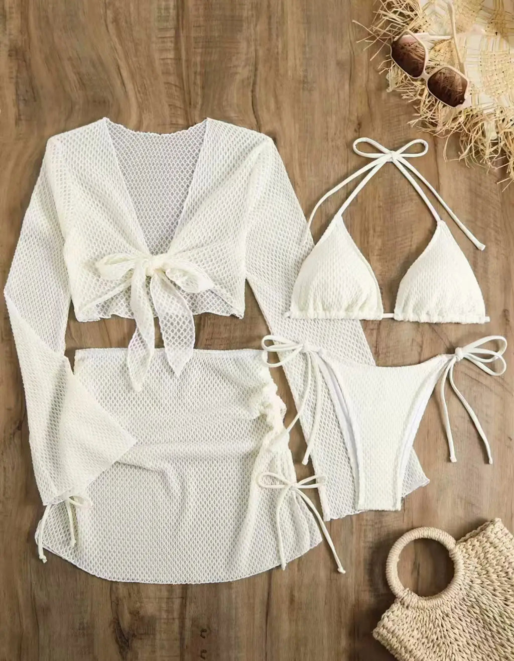 Sexy White Red Swimwear Women 2026 Long Sleeve Cover Up Drawstring Skirt 4 Piece Swimsuit Beach Bathing Suit Holiday Swimsuit