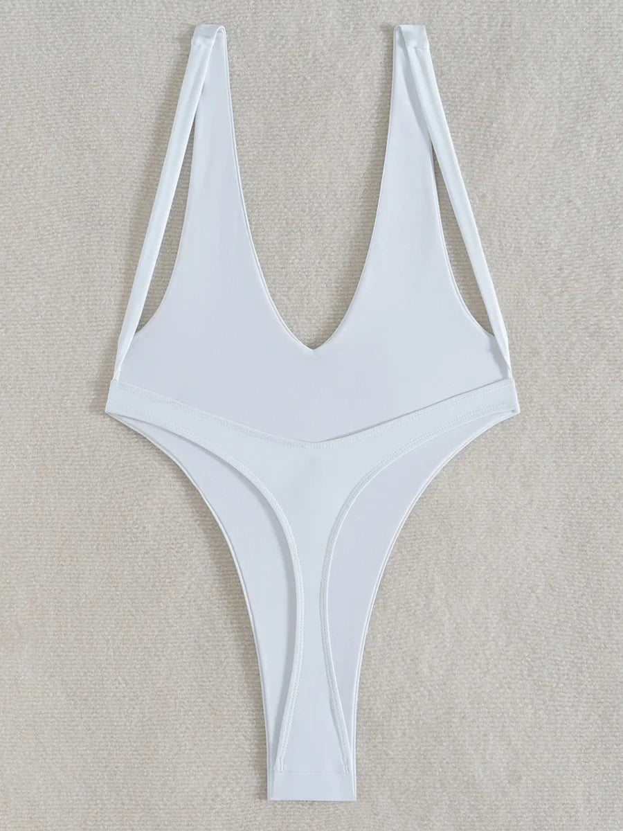 Sexy V Neck High Leg Cut One Piece Swimsuit Women Thong Swimwear Female Bather Monokini Backless Bathing Suit Swim Beachwear