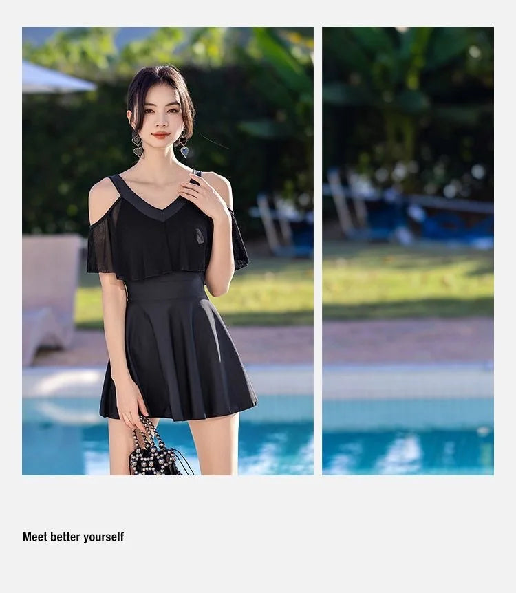 New Swimsuit for Women Soaking in Hot Springs, Concealing Flesh and Slimming, Conservative One-piece Skirt, Flat Angle Swimsuit