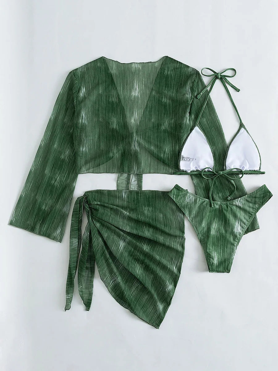 4PCS With Mesh Sheer Sarong Long Sleeve Bikini Female Swimsuit Women Swimwear Four-pieces Bikini Set Bathing Suit Swim Beachwear