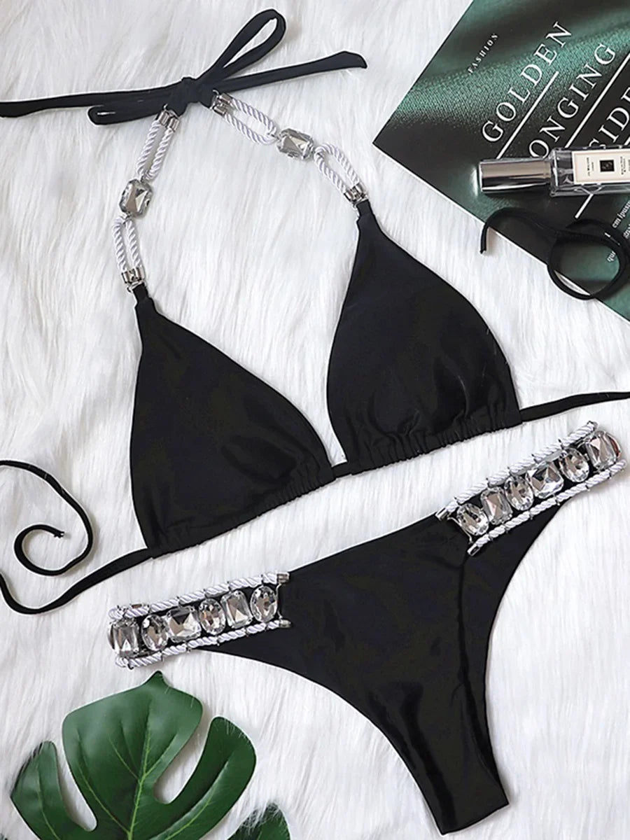 2026 Halter Shiny Crystal Diamond Bikini Women Swimsuit Female Swimwear Rhinestone Bikini Set Rhinestone Brazilian Bathing Suit