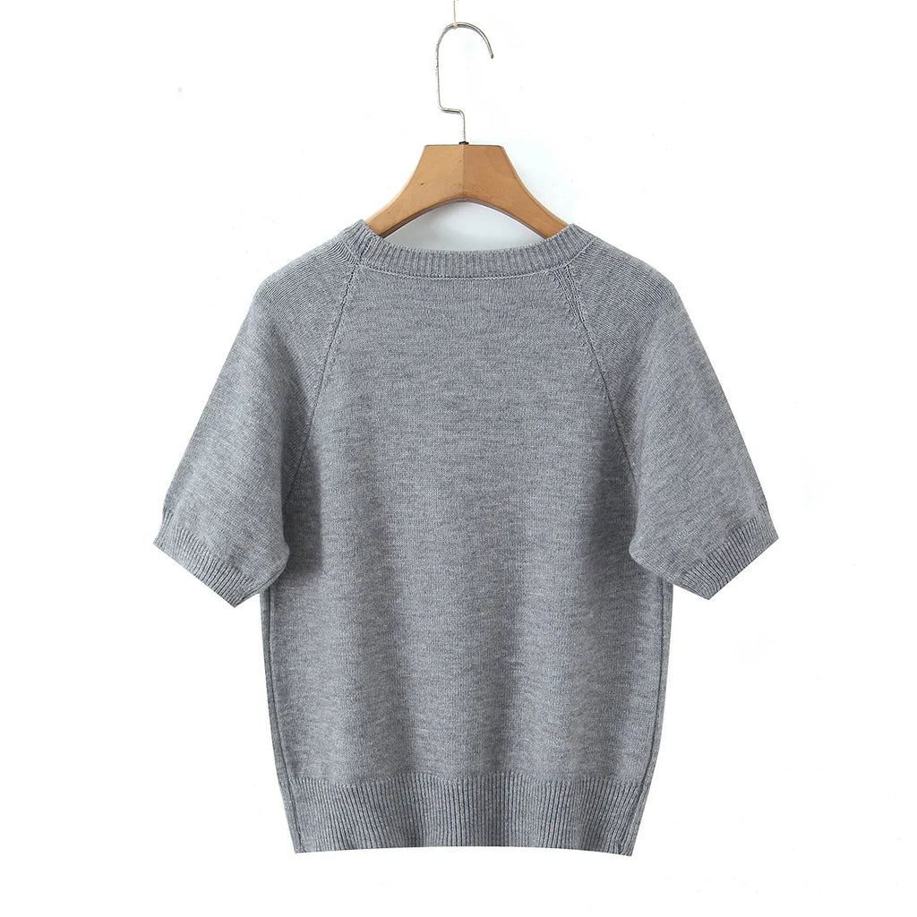 Fashion Casual Heart-patterned Short-sleeve Knit Shirt Women Heart Pattern Short Sleeve Knit Sweater Casual Crew Neck Top 7S5S