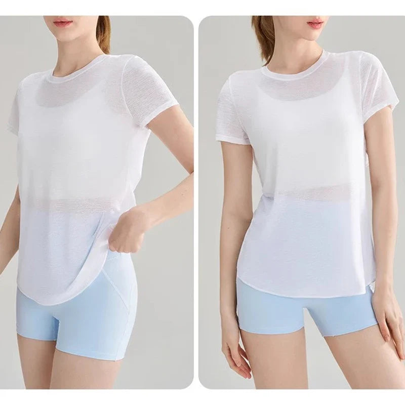Women's Quick Drying Hollow out Back Sports T-Shirt Yoga Suit Top Short Sleeve Fitness Cover up