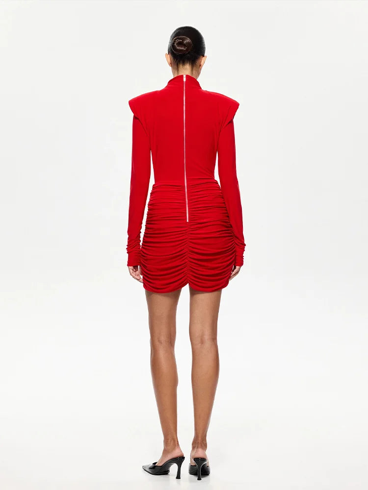 Ahagaga Eelgant Fashion Dresses For Women Solid Zipper Sheath Pleated Hollow Out Regular Long Sleeves Turtleneck Shoulder Pad