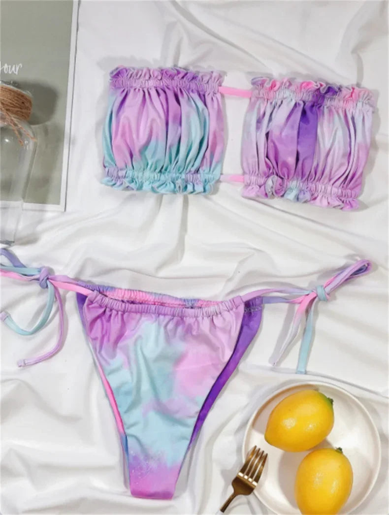3 Colors Sexy Bikini Bandeau Women Swimwear Swimsuit Pleated Lettuce Trim Hollow Knotted Bikinis Set Bathing Suit Beach Bikini