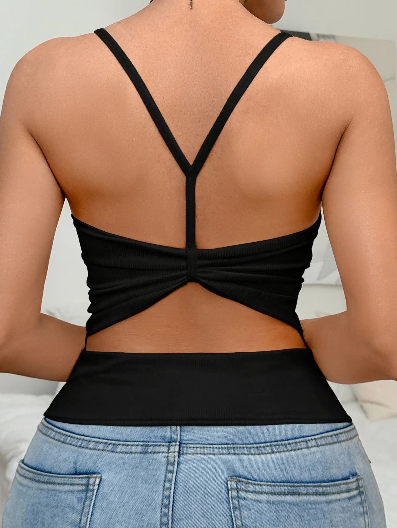 Wear Outside Ribbed Tank Top with Built-in Padded Bra, Backless Twisted Y-Strap Women’s Clothing