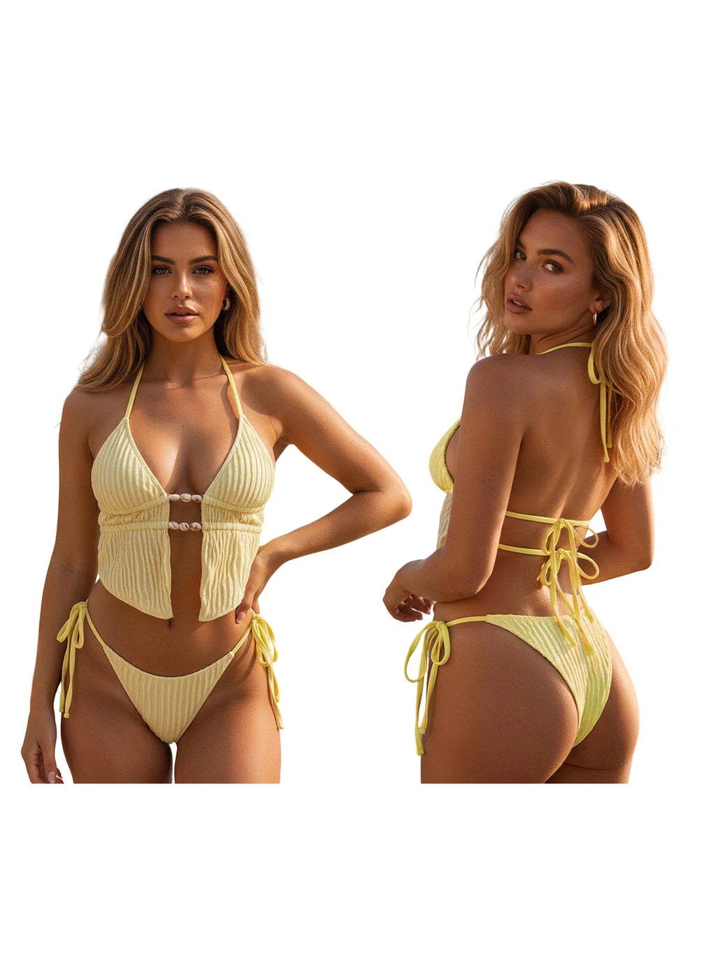 Women's Summer Holiday Beach Two Piece Bathing Suits Sleeveless Halter Neck Cutout Bra Low Waist Thong Sets
