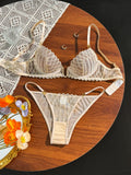 French Style Beige Lace Bra and Panties Set Women Sexy Eyelash Lace Underwear Transparent Mesh Two Piece Lingerieeige