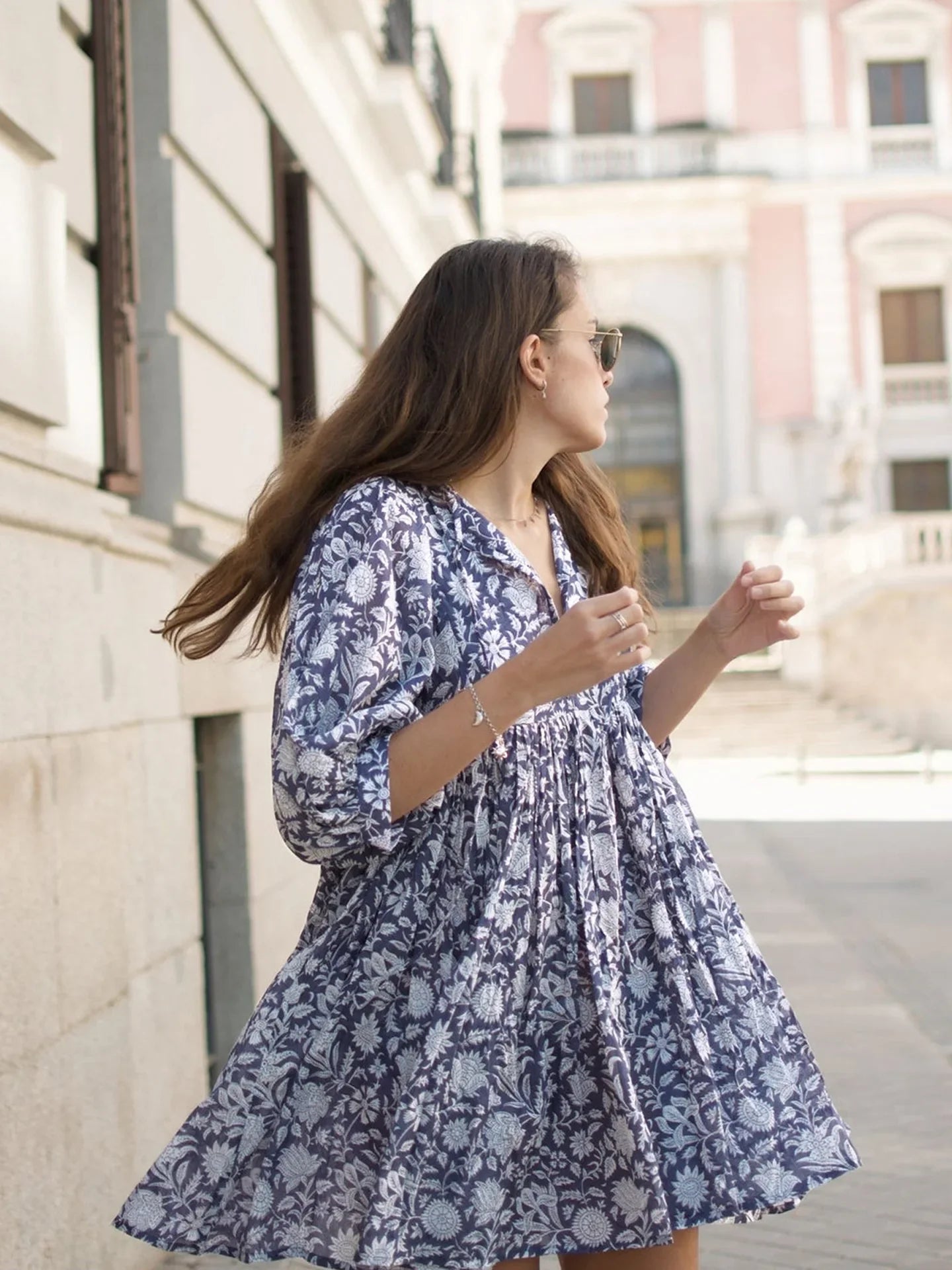 Foridol Lantern Half Sleeve Cyan Bohemian Beach Midi Loose Dress Summer for Women Tie Up Casual Floral Holiday Midi Vestidos