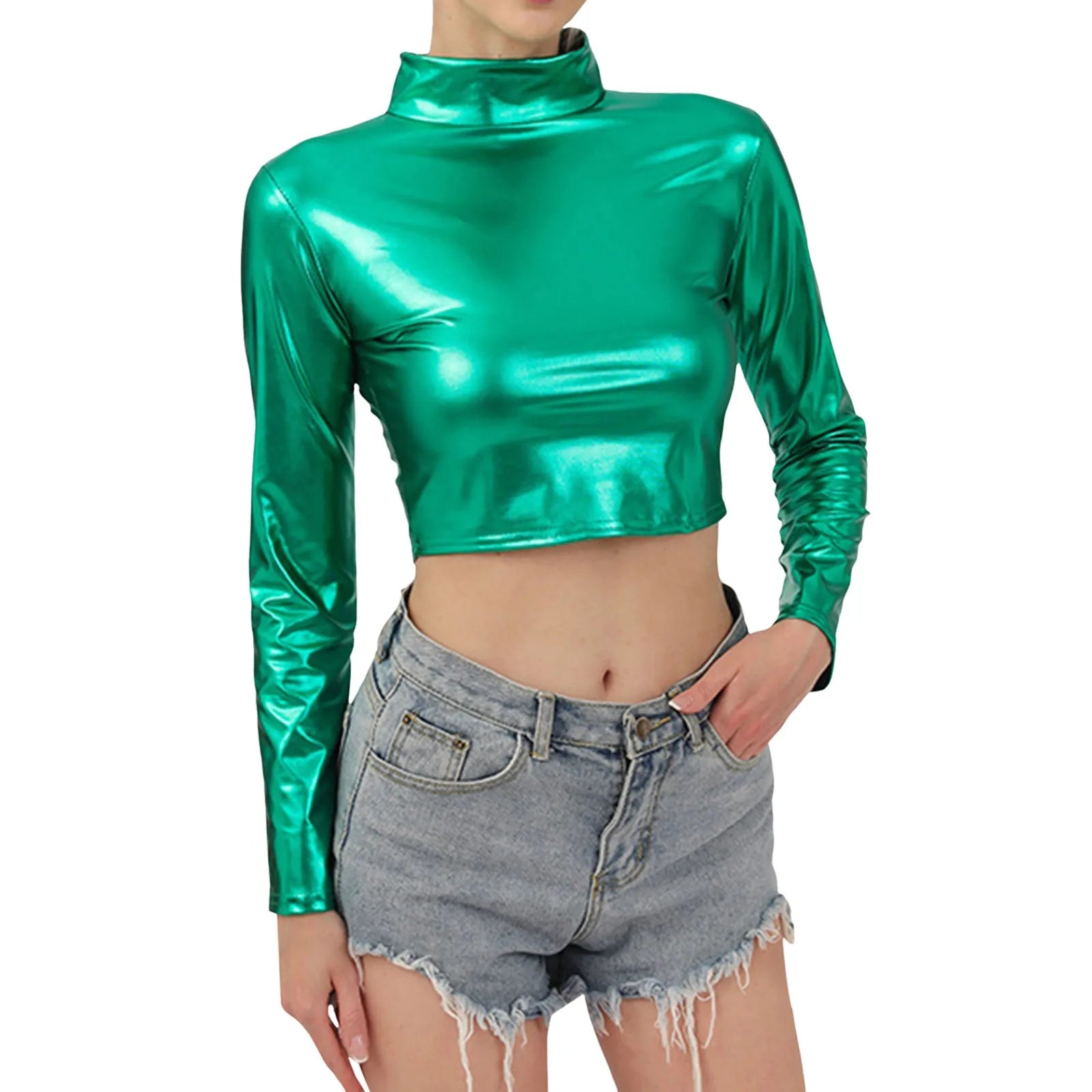 Women Metallic Long Sleeve Crop Tops Shiny Stretch Mock Neck T Shirt Dance Clubwear Ladies Slim Fit Blouses Gold Silver Costumes