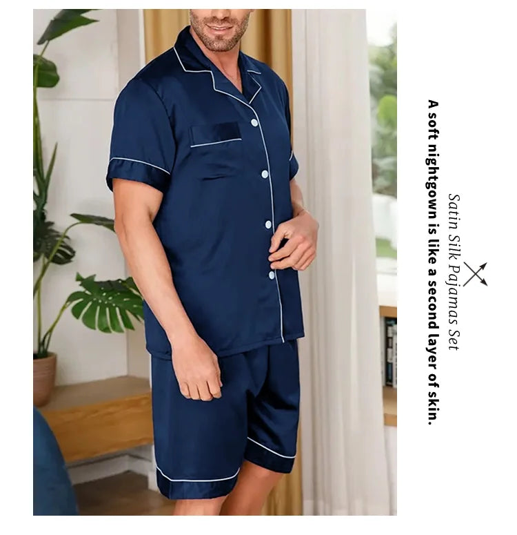 Men Satin Pajama Set Sleepwear for Man Summer Short Sleeve Button-Down Shirt & Shorts Pajamas 2 Piece Home Clothes Short Suit