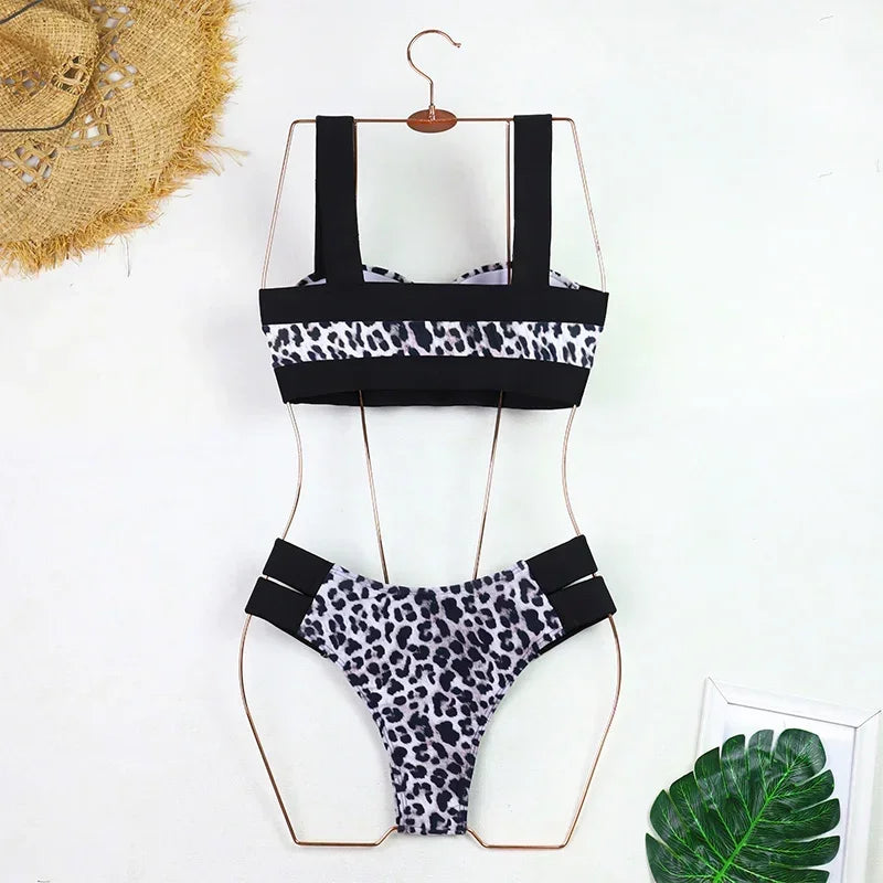 Sexy Bikini Women Swimwear Swimsuit Push Up Leopard Block Color Patchwork Double Bandages High Waist Bikinis Set Bathing Suit