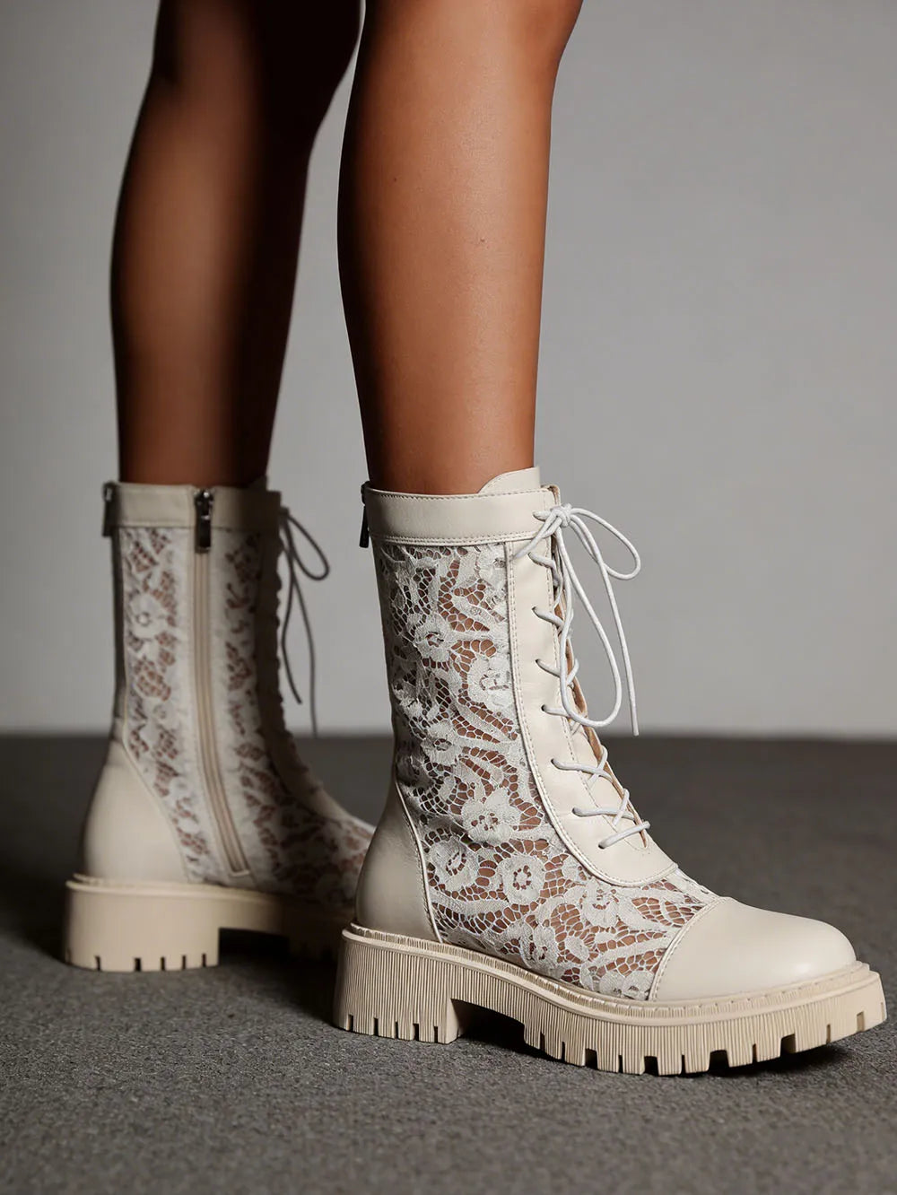 2026 New Big Size 45 Chic Black Lace Mesh Summer Boots Women Round Toe Square Heels Shoelace Zip-up Mid-calf Boots Shoes