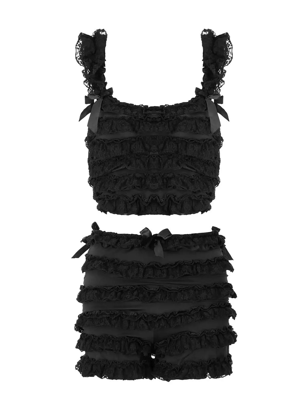 2 Piece Sets Women's Layered Ruffle Lace Sleeveless Vest Tops and Bow Shorts Sets 2024 Summer Casual Gothic Y2K Loungewear