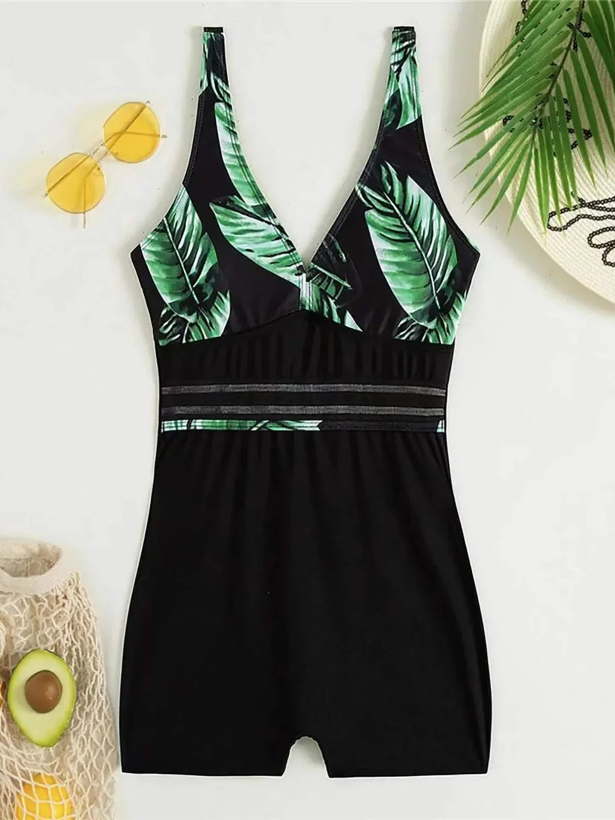 New V Neck Leaves Printed Shorts One Piece Swimsuit Women Swimwear Female Monokini Padded Bather Bathing Suit Swim Lady K4142