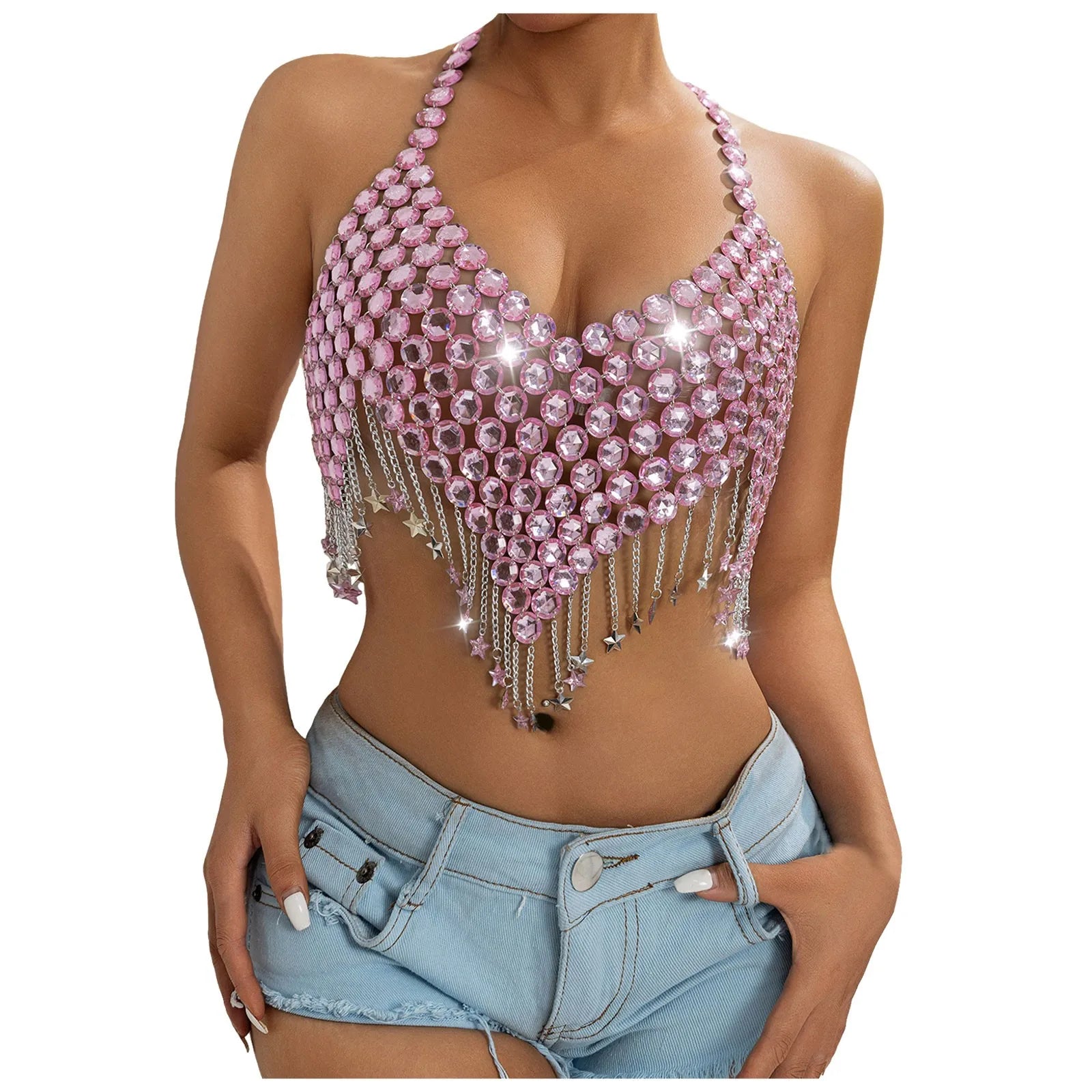 Vest Pink Rhinestone Crystal Chain Halter Crop Top For Women Sparkly Mesh Bralette With Star Tassel Fringe Sexy Party Clubwear