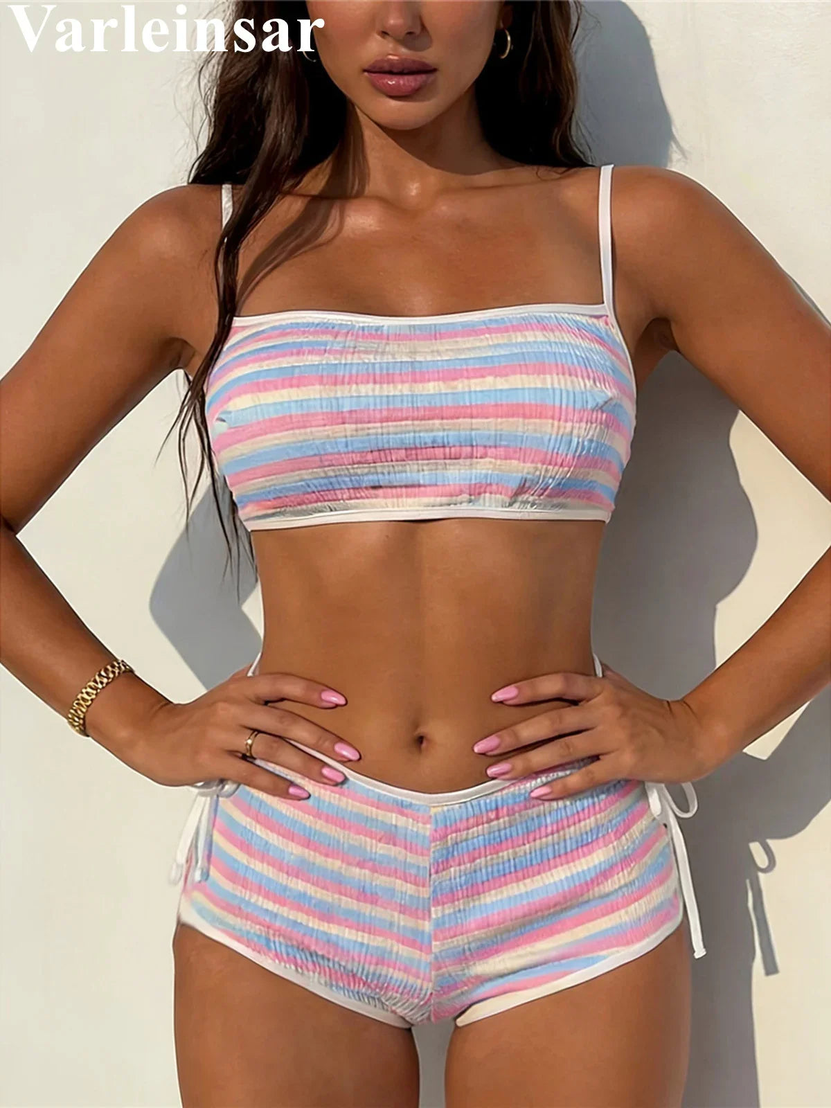 2026 Striped Mid Waist Bikini Female Swimsuit Women Swimwear Two-Pieces Bikini Set Shorts Padded Bather Bathing Suit Swim V8011