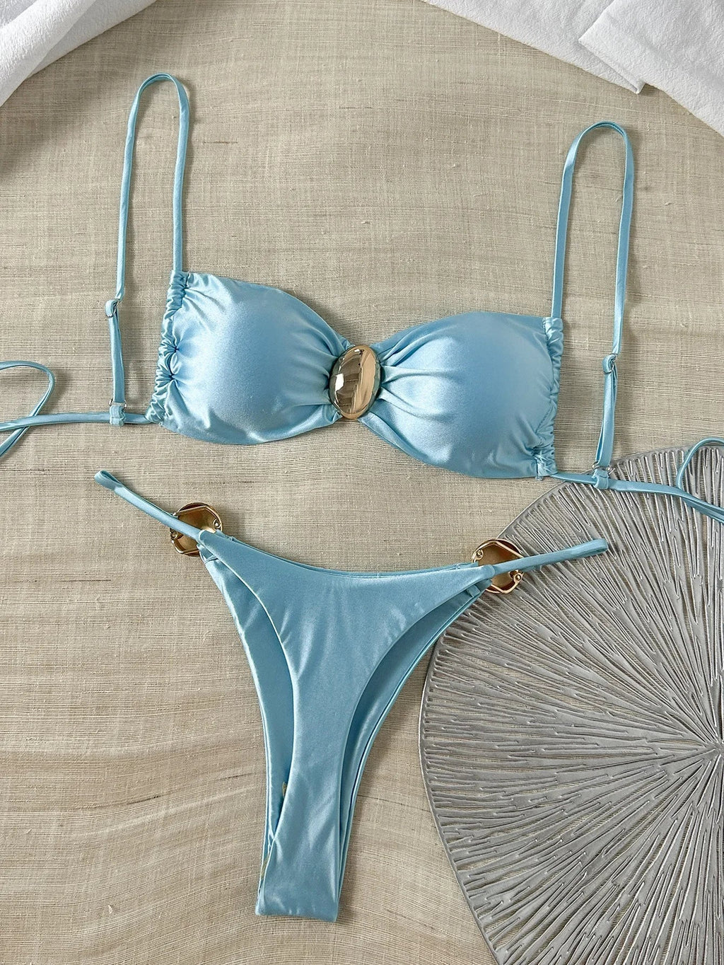 Metal Buckle Satin Bikini Women Mini Micro Thong Swimwear Female Swimsuit Two-pieces Bikini Set High Cut Bathing Suit Swim Lady