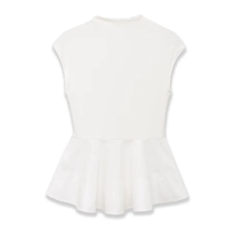 Women's Fashion Casual Sleeveless Half-High Collar Short Skirt Hem Top White Sleeved Peplum Top High Neck Slim Fit Casual KUAT
