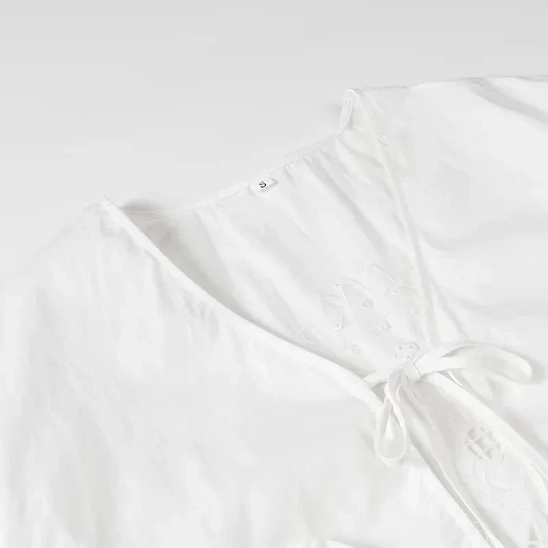 Foridol Heart Embroidery White Cotton Women Blouse Bowknot Spring Summer Lantern Sleeve Casual Shirt V Neck Loose Chic Blusa