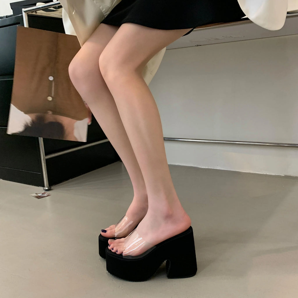 Summers Chunky Women Slippers Fashion Elegant PVC Transparent Platform Wedges Heel Slides Ladies Casual Outdoor Beach Sandalias
