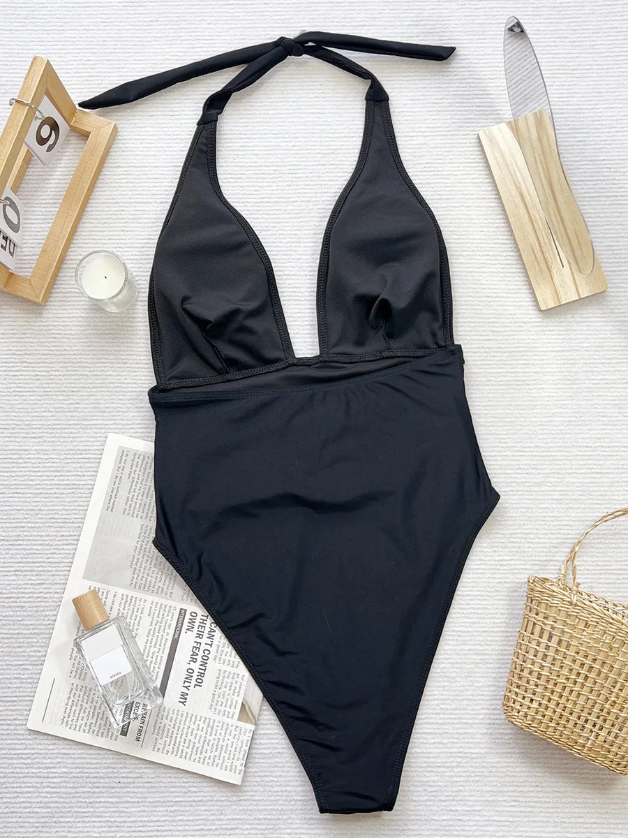 V Neck Halter Wrinkled Women Swimwear One Piece Swimsuit Female High Cut Backless Monokini Bather Bathing Suit Swim Beachwear