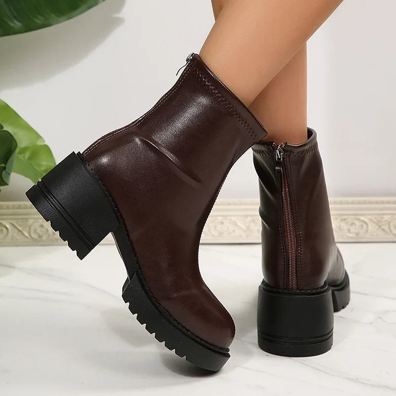 Fashion Thick Heels Ankle Boots Women 2025 Back Zipper Plus Size 35-42 Pu Leather Boots Woman Round Toe Platform Booties Mujer