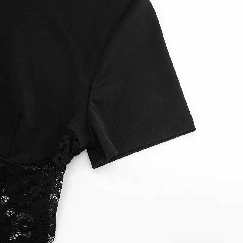 FDYOUI Woman Clothing Lace Patchwork Corset T-shirt 2026 Elegant Sexy Short Sleeve See-through Black Tops Y2K Girls T-shirts