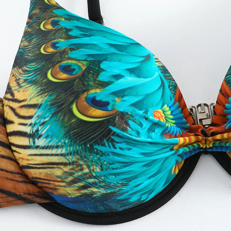 XS-XXL Sexy Peacock Leopard Print High Waist Push Up Bikini Set Two Pieces Swimsuit Beachwear Bathing Suit Swimwear Biquini