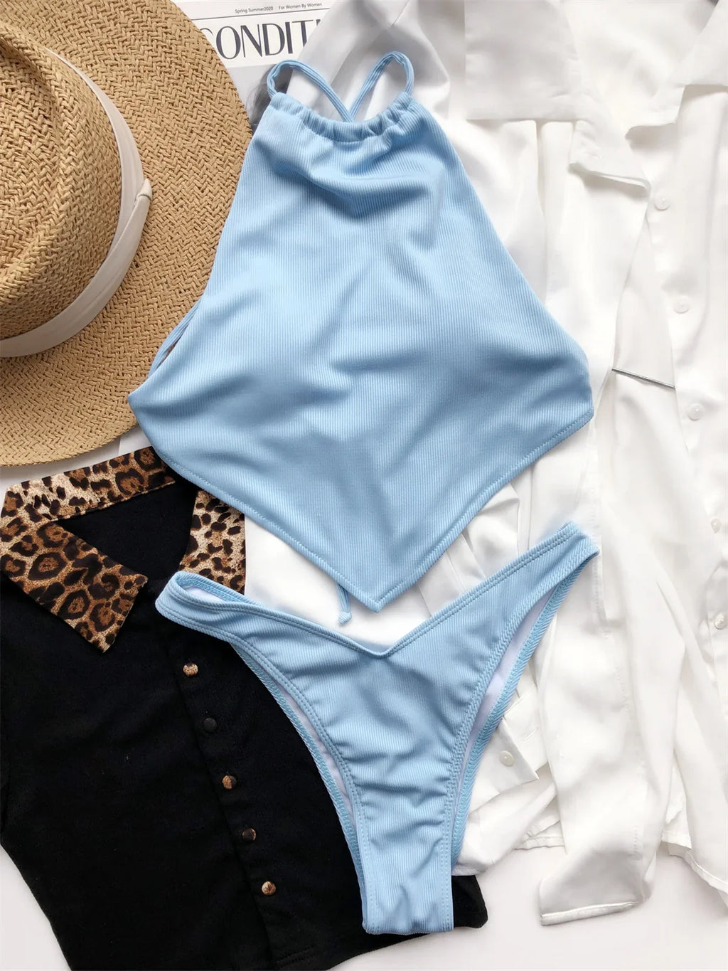 Sexy Ribbed Bikini Set Blue Pink High Neck Cut Out Push Up Crop Top 2 Piece Swimsuit Bathing Suit Thong Swimwear 2024 Beachwear