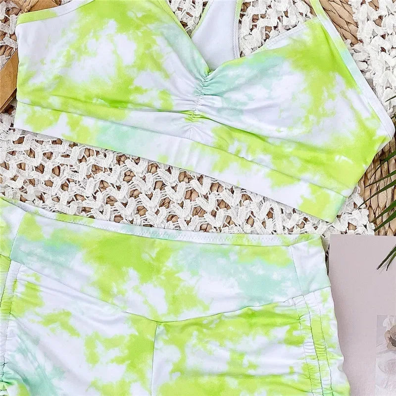 Tie Dye Lace Up Shorts Female Swimsuit High Waist Bikini Women Swimwear Two-pieces Bikini Set Yoga Bather Bathing Suit Swim Lady