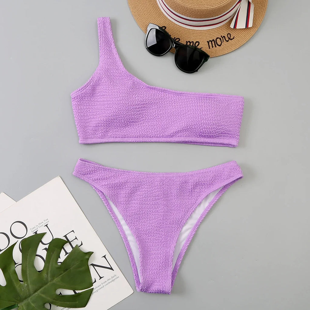 One Shoulder Bikinis 2026 Women Sexy Swimwear Female Brazilian Swimsuit Solid Beachwear Bathers Bathing Swimming Swim Suit