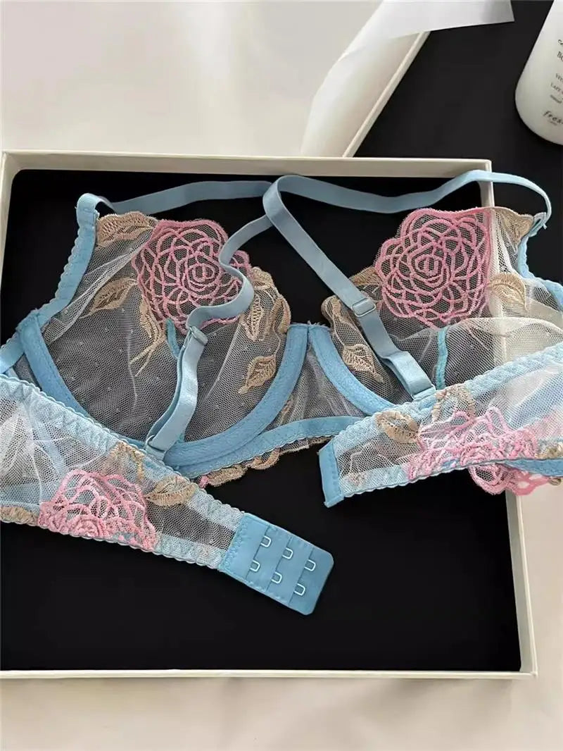 Pure Desire French Lace Bra Set Rose Embroidery Minimizer Wireless Comfort Support Full Bust Anti Sagging Breathable No Show USA